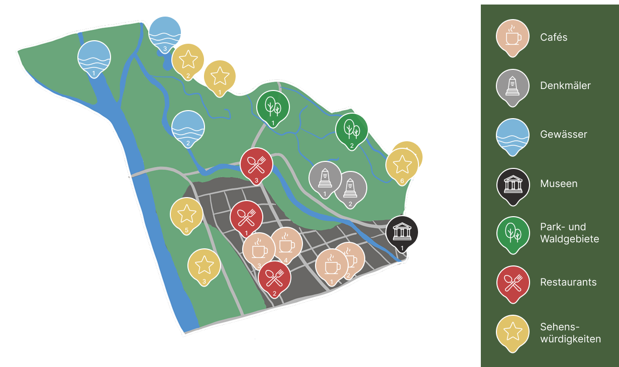 Abstrakte Karte von Leipzig mit Pins, die Cafés, Denkmäler, Gewässer, Museen, Park und Waldgebiete, Restaurants und Sehenswürdigkeiten lokalisieren